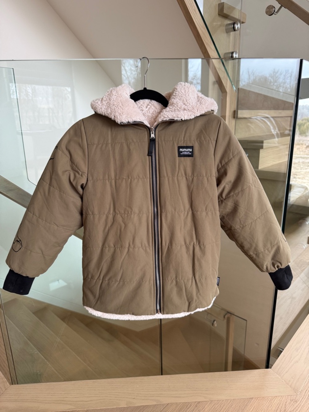 nununu olive green Puffer Jacket with Sherpa Hood child size 10-11